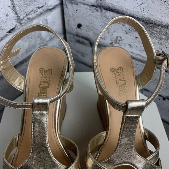 Brash Y2K Strappy Metallic Gold Cork Platform Wedge Open Toe Sandals - Picture 5 of 11